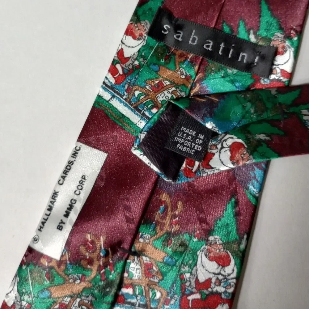 Sabatini Hallmark Mens Christmas Tie Santa Reindeer Fishing Burgundy Polyester